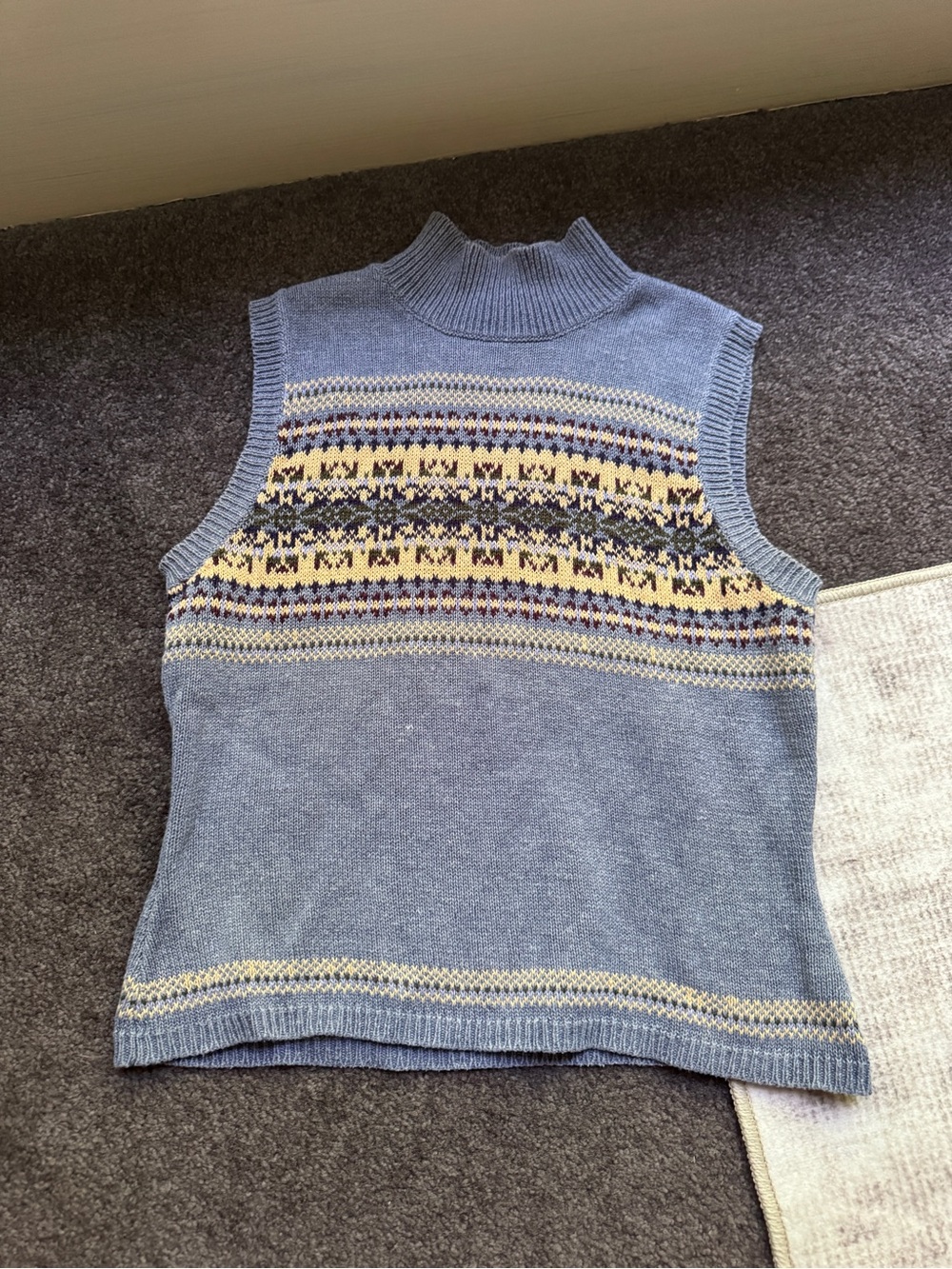 Vintage B. Moss Blue Beige Fair Isle Cotton Knit Sweater Vest Mock Neck M